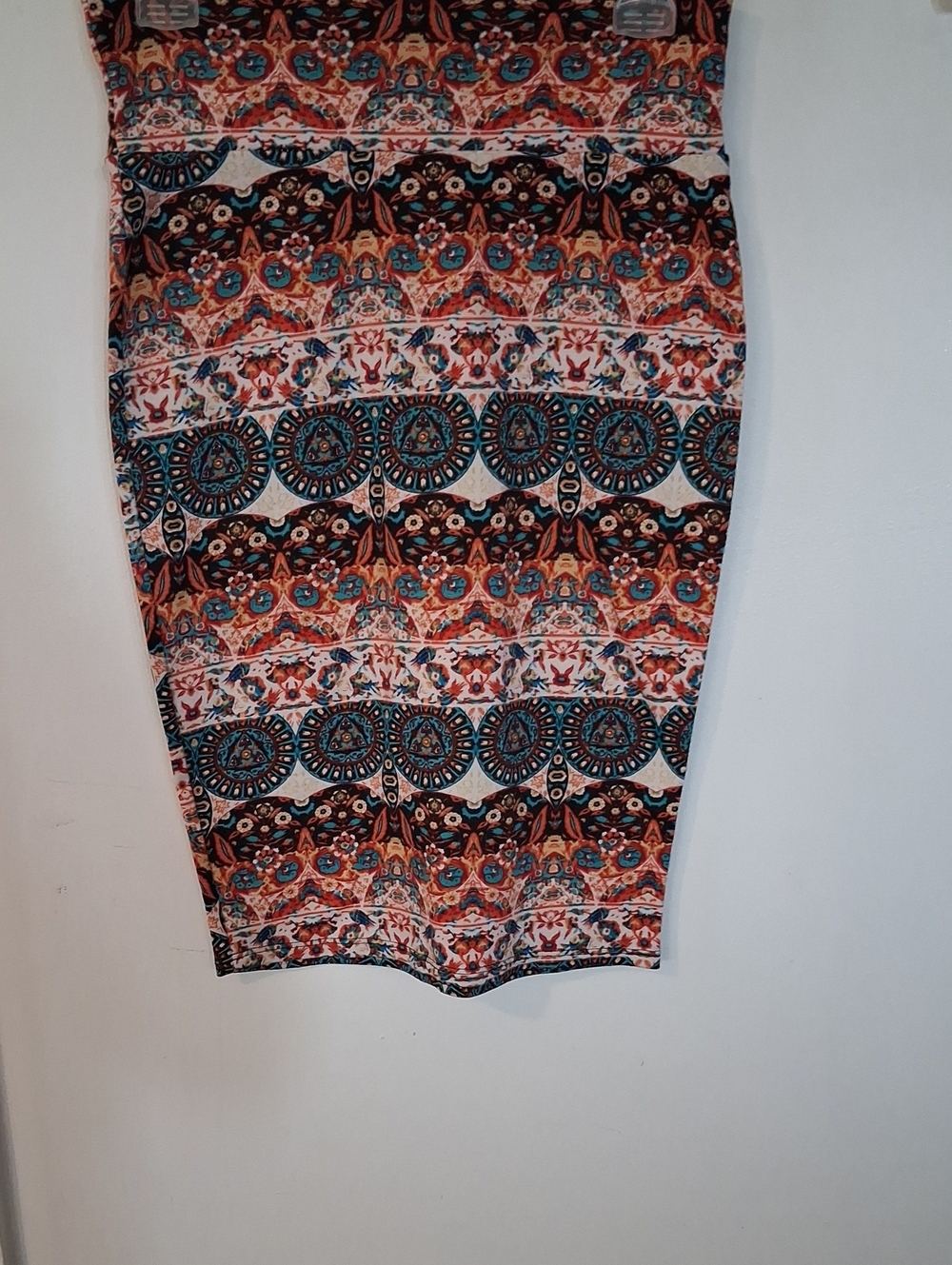 Multicolor Boho Print Pencil Skirt — Teal & Orange